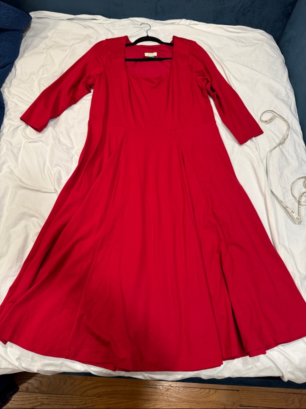 Anthropologie Maeve Red Midi Fit-and-Flare Dress 3/4 Sleeve
